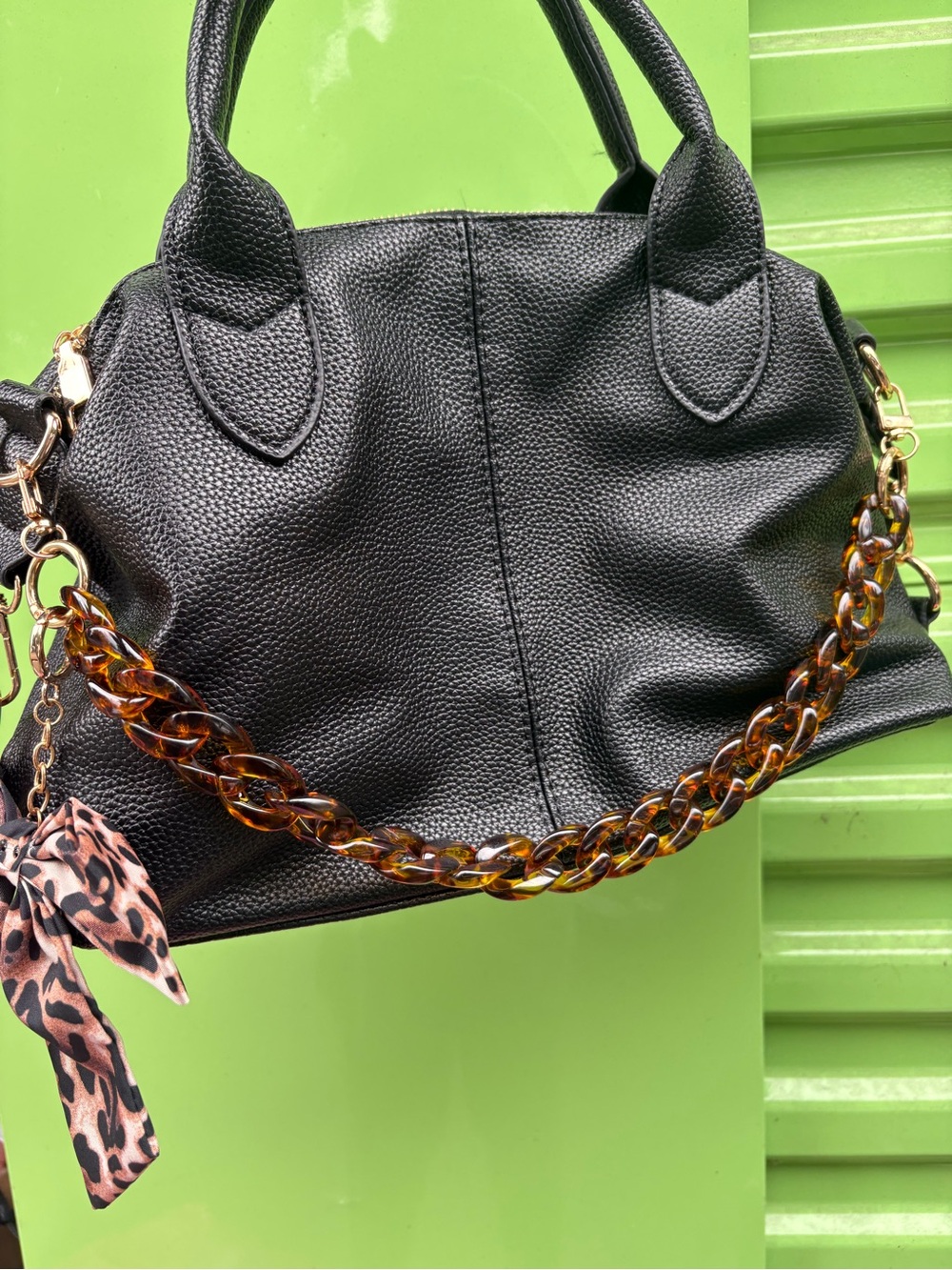 Black Pebbled Tote Bag with Tortoiseshell Chain Handle
